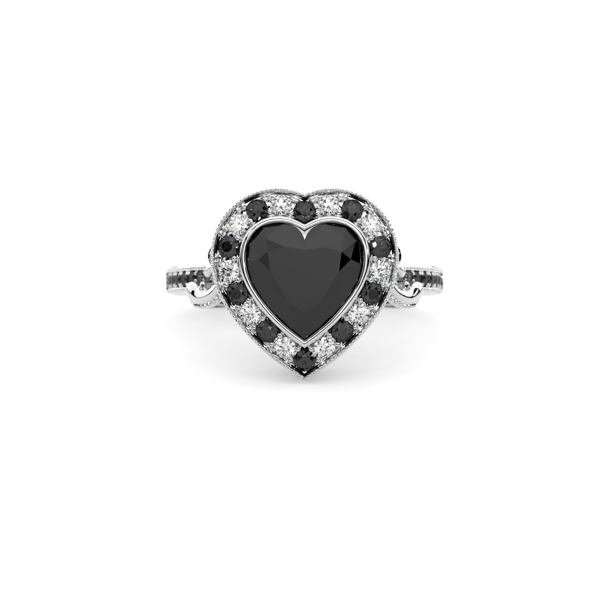 Gothic Heart Ring in 14k white gold with black diamond and black accent stones, alternative engagement ring