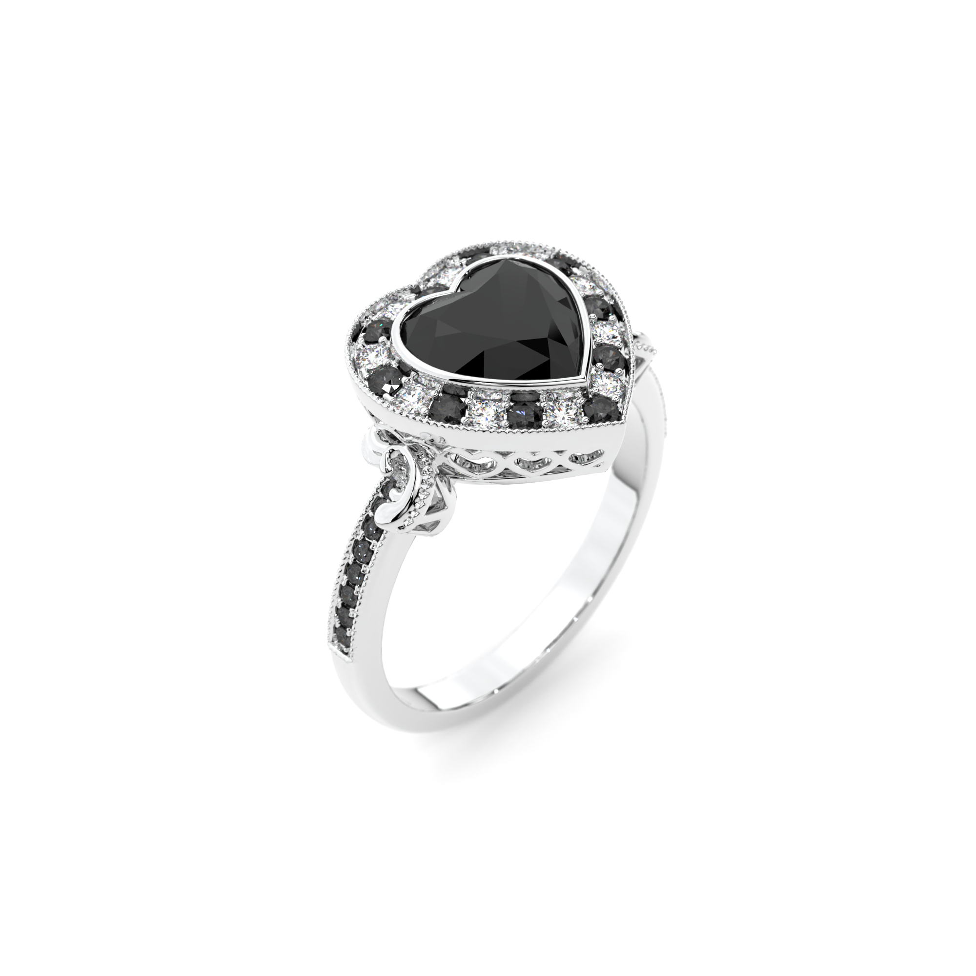 Gothic Heart Ring in 14k white gold with black diamond and black accent stones, alternative engagement ring