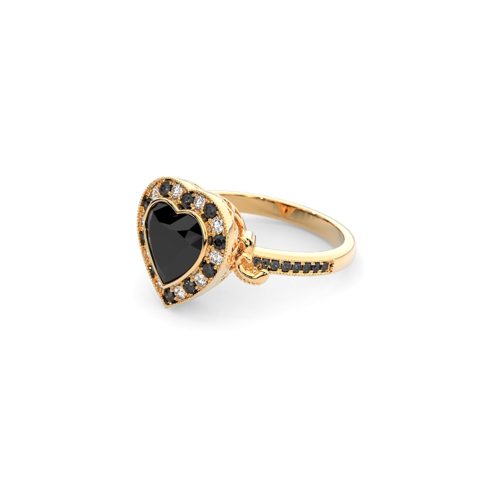 Gothic Heart Ring in 14k yellow gold with black diamond and black accent stones, alternative engagement ring