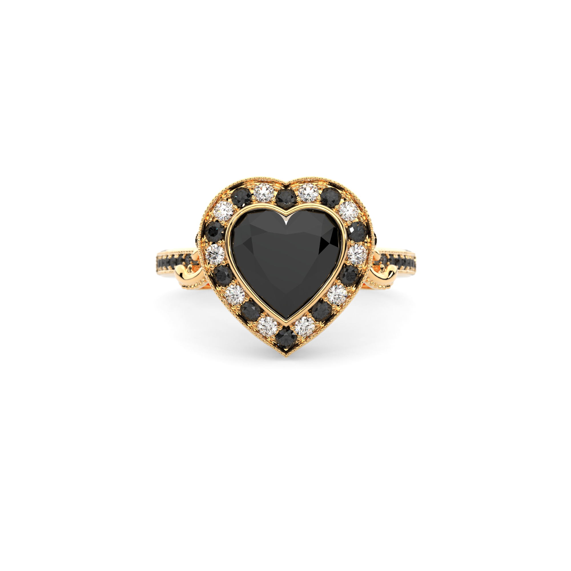 Gothic Heart Ring in 14k yellow gold with black diamond and black accent stones, alternative engagement ring