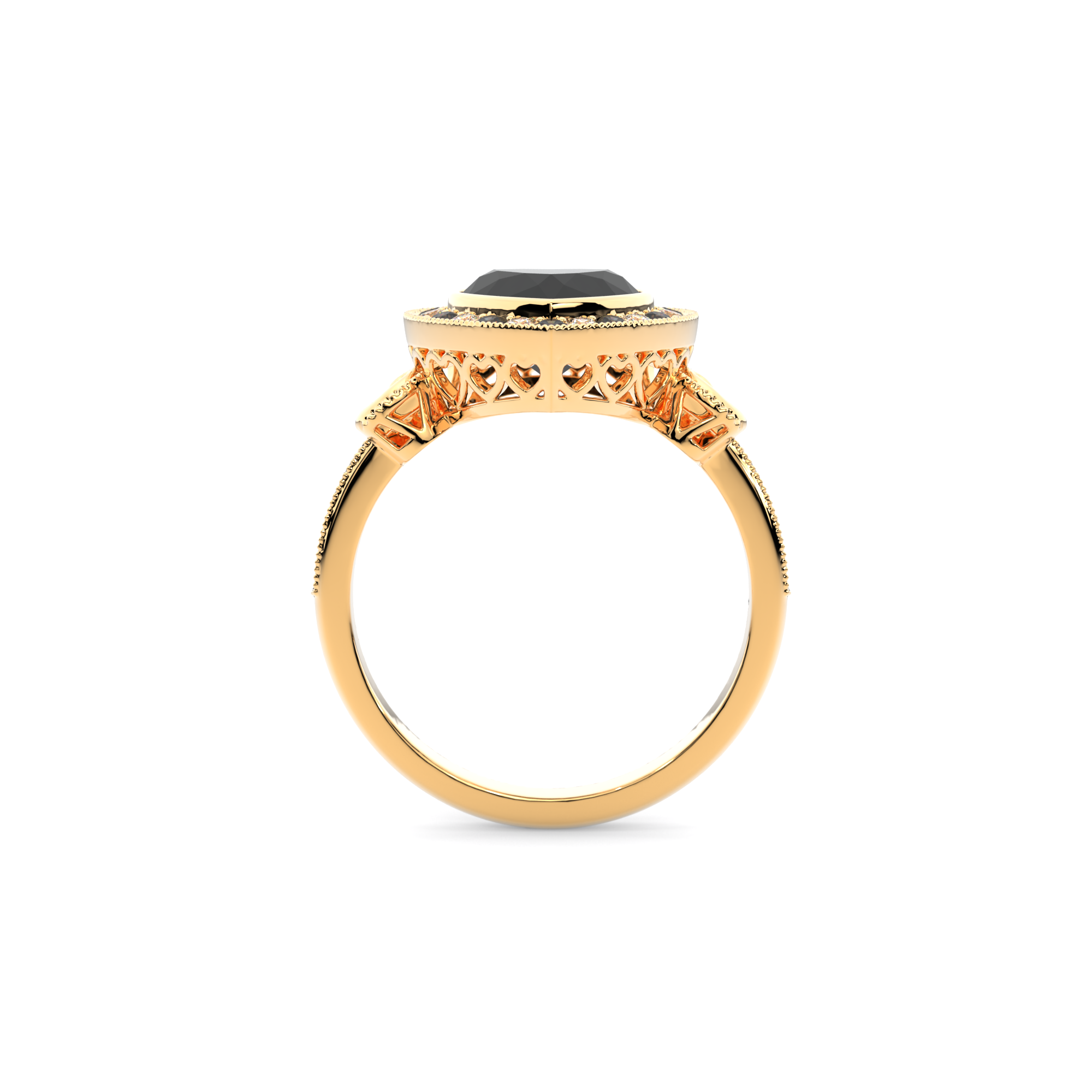 Gothic Heart Ring in 14k yellow gold with black diamond and black accent stones, alternative engagement ring