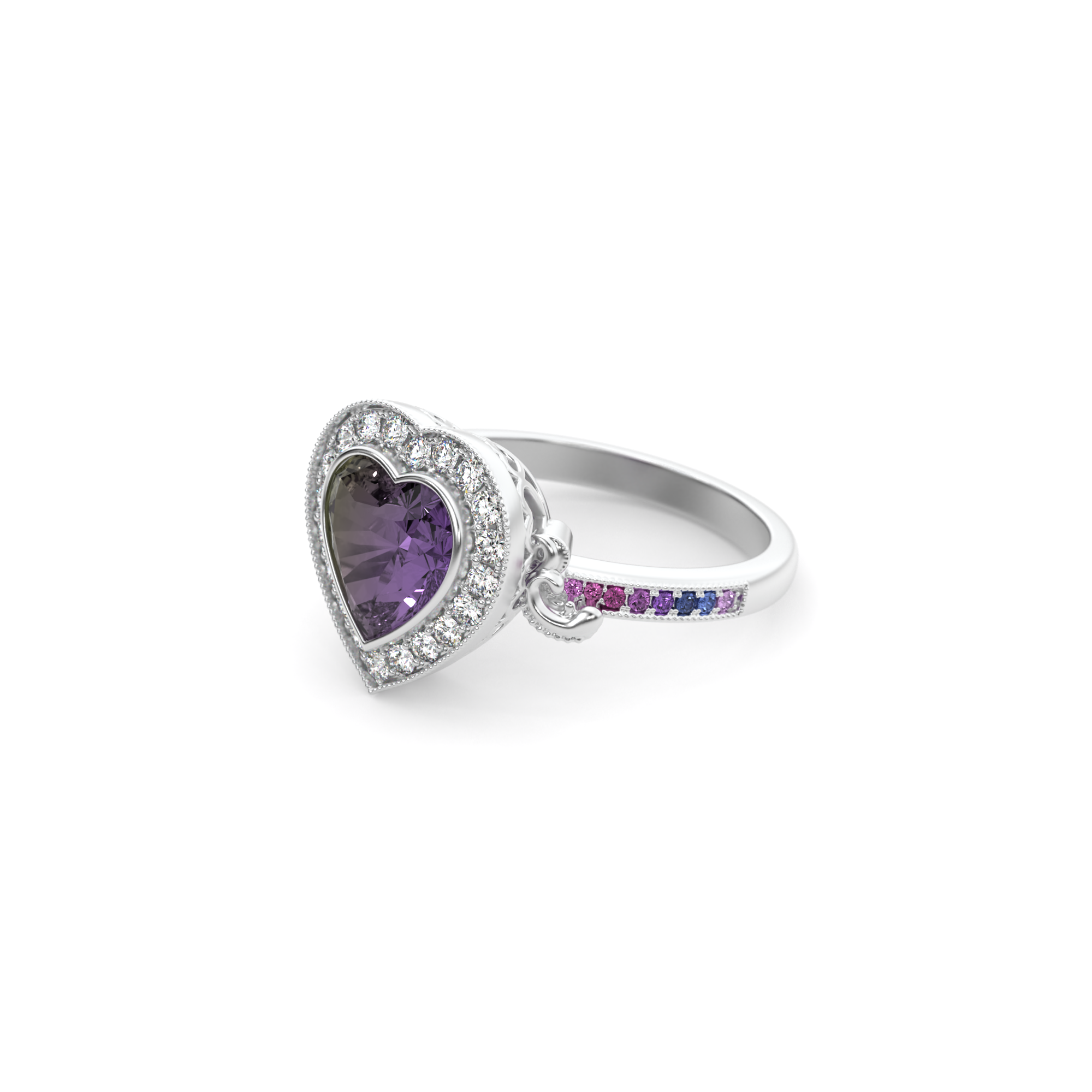 Gothic Heart Ring in 14k white gold with lab alexandrite, lab white diamond halo, and ombre purple sapphires, alternative engagement ring