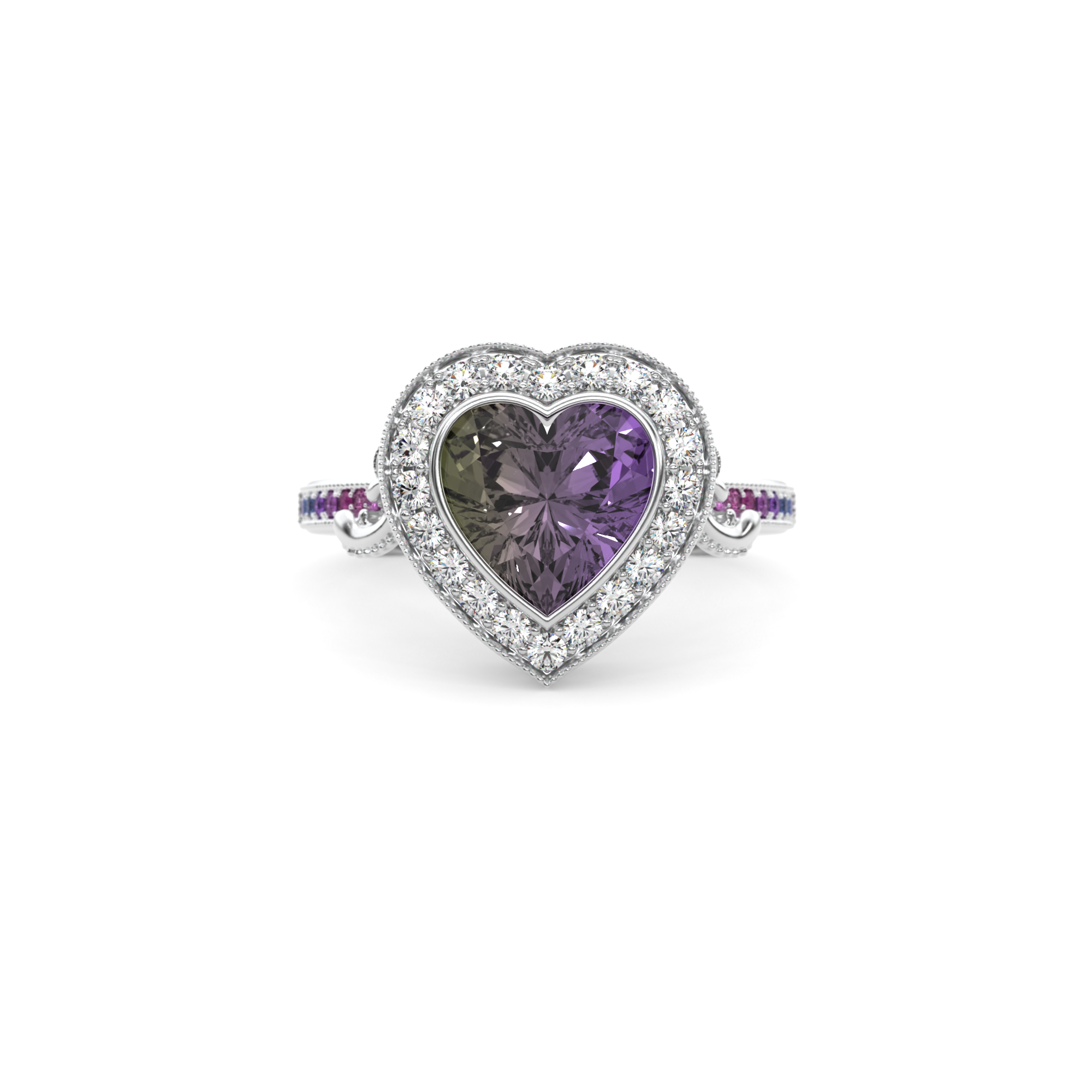 Gothic Heart Ring in 14k white gold with lab alexandrite, lab white diamond halo, and ombre purple sapphires, alternative engagement ring