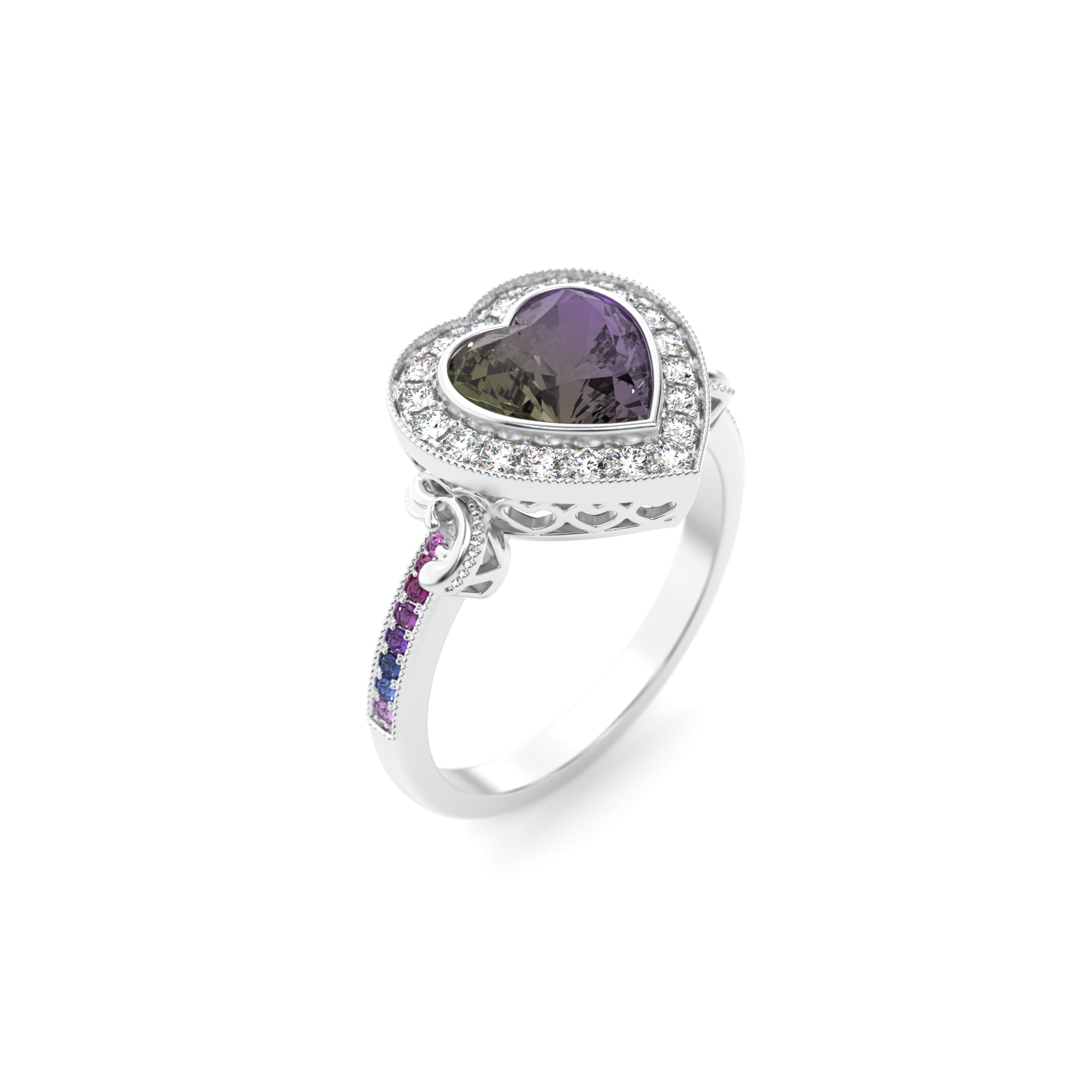 Gothic Heart Ring in 14k white gold with lab alexandrite, lab white diamond halo, and ombre purple sapphires, alternative engagement ring