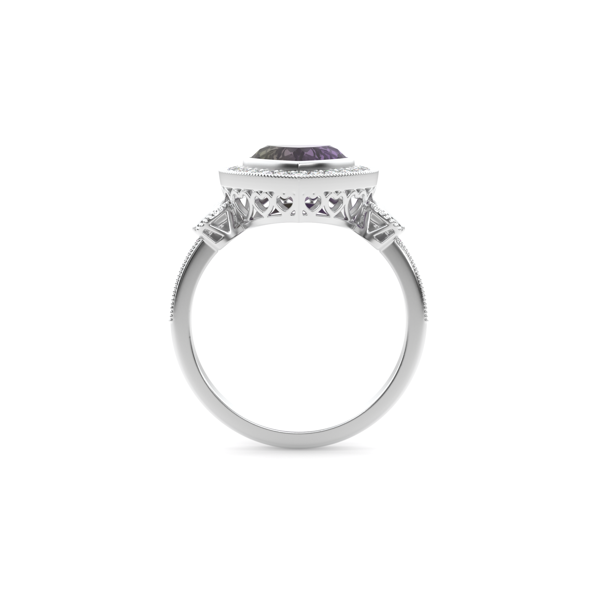 Gothic Heart Ring in 14k white gold with lab alexandrite, lab white diamond halo, and ombre purple sapphires, alternative engagement ring