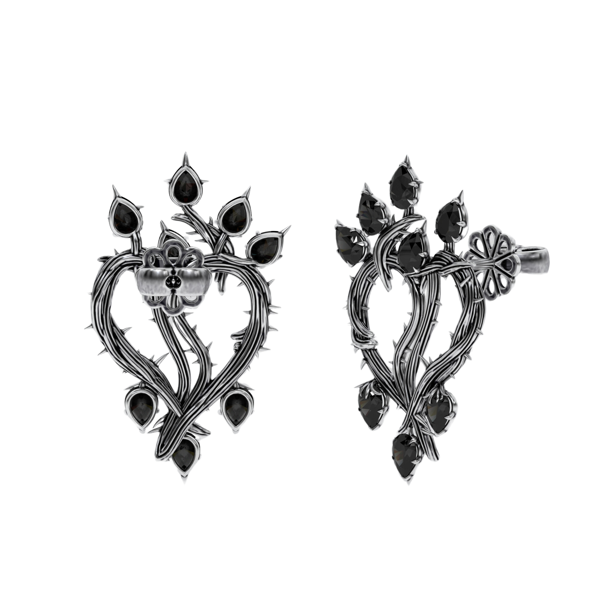 Thorned Heart Earrings crafted from blackened silver with black diamonds