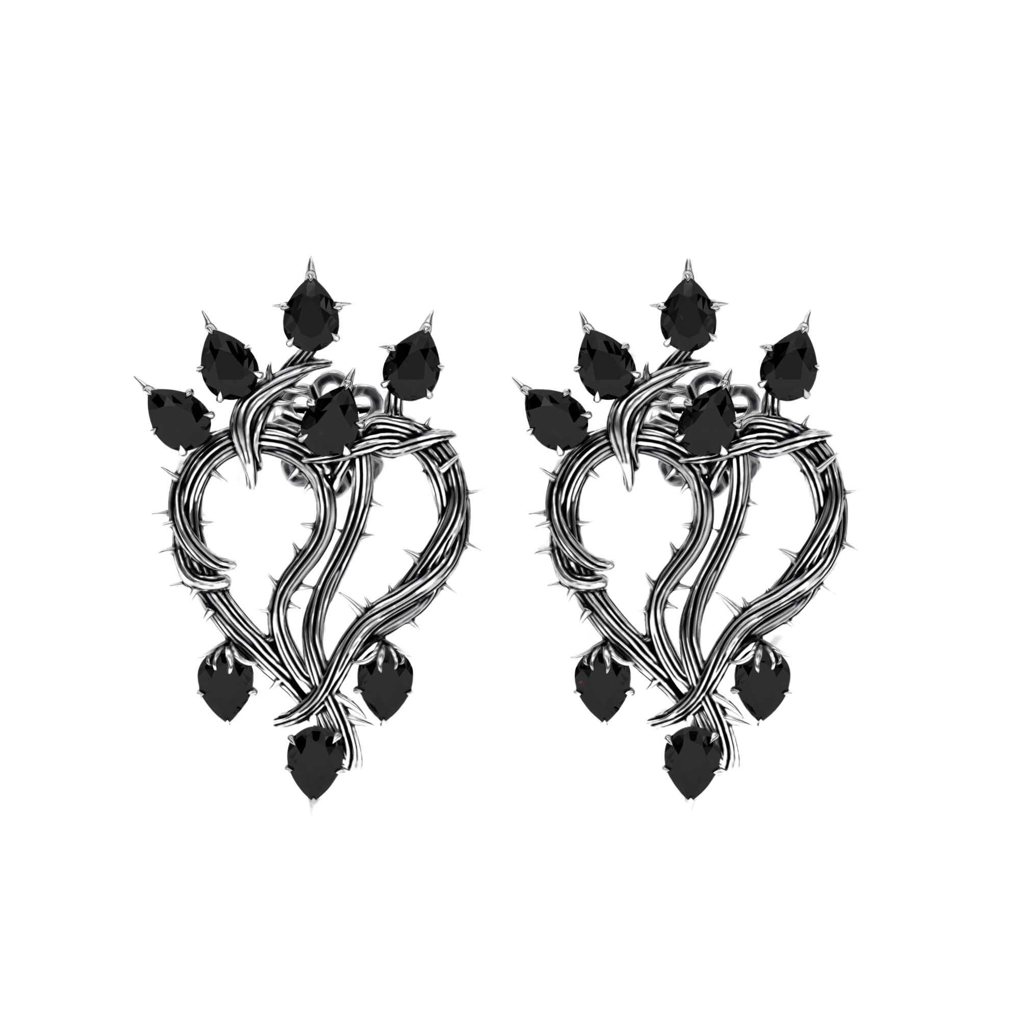 Thorned Heart Earrings crafted from blackened silver with black diamonds