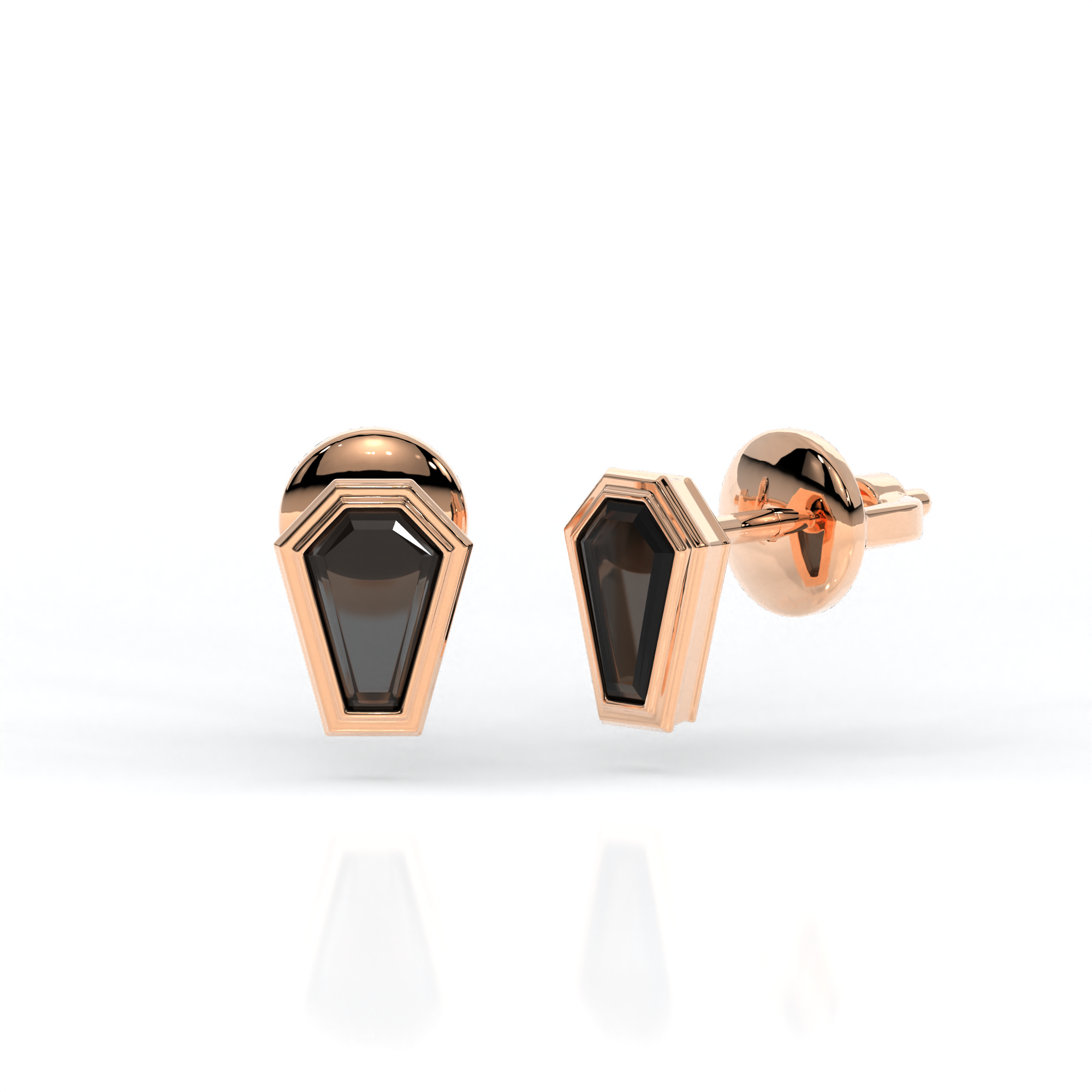 Veil of Night Studs in 14k rose gold with coffin cut black diamonds, bezel set for gothic elegance