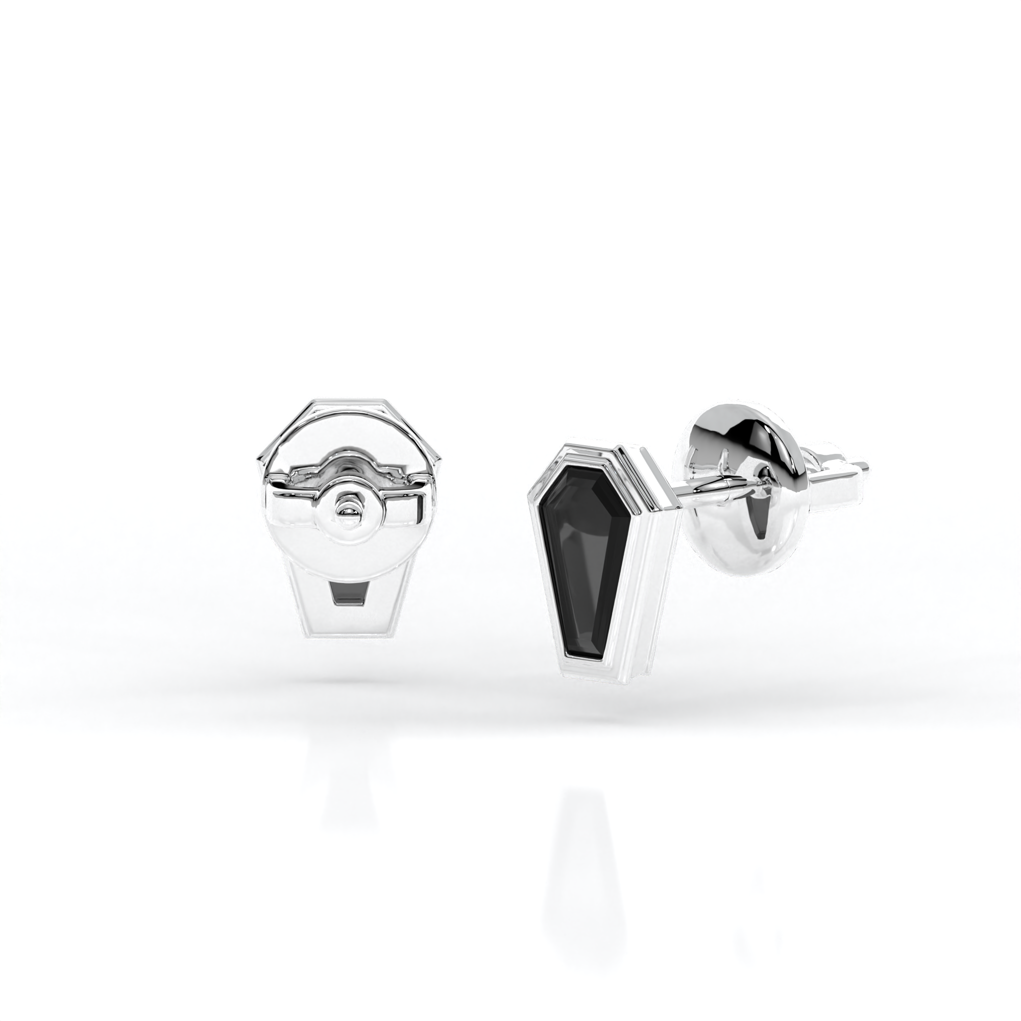 Veil of Night Studs in 14k white gold with coffin cut black diamonds, bezel set for gothic elegance