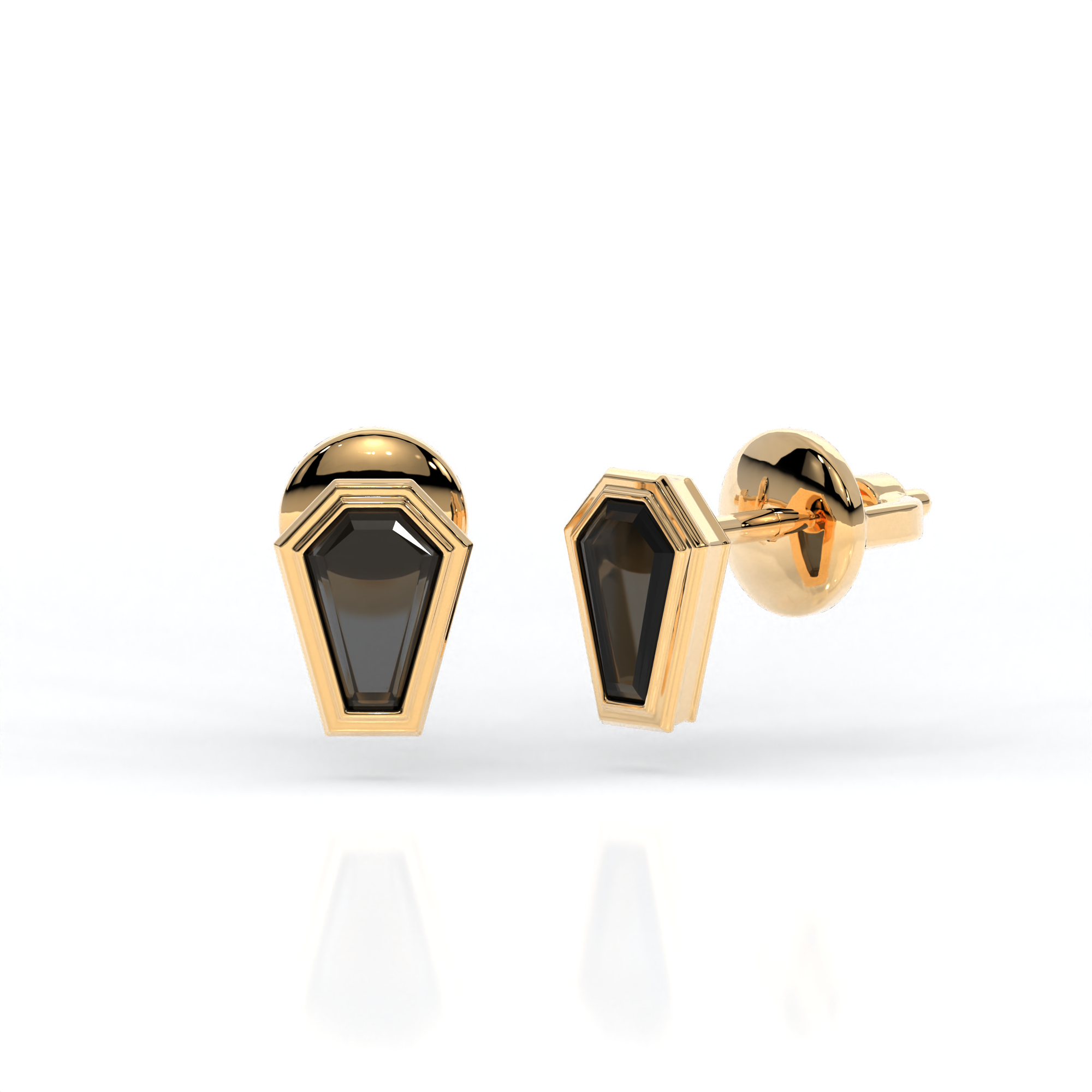 Veil of Night Studs in 14k yellow gold with coffin cut black diamonds, bezel set for gothic elegance