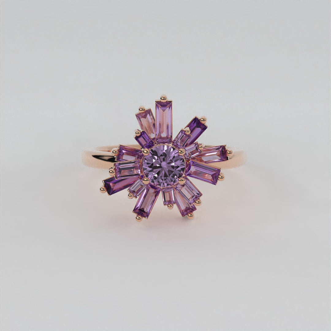 Geode Ring in 14k rose gold with amethyst stones, inspired by nature, crystal shards, and geodes