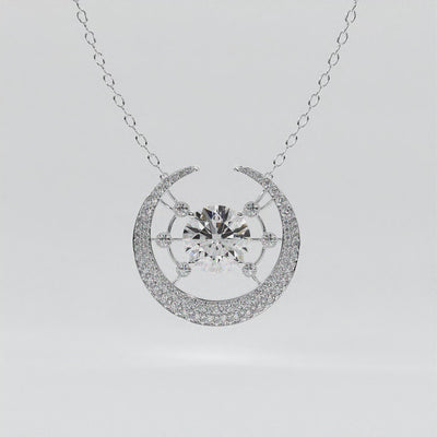 14k white gold Galaxy Necklace with central diamond and crescent moon design