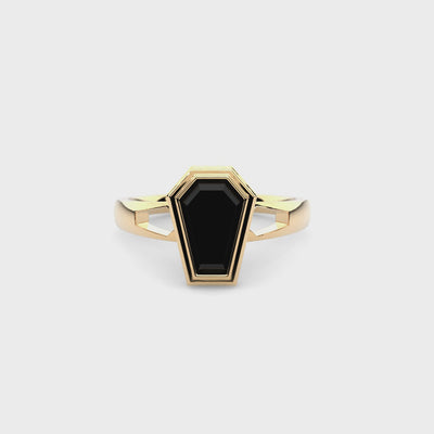 Obscura Ring in 14k yellow gold with coffin-cut black diamond and coffin-shaped cutouts