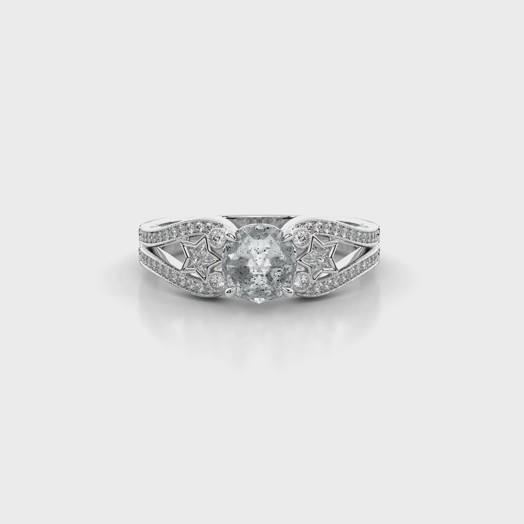 Moonbeam Ring in 14k white gold with salt and pepper diamond, star shaped white moissanite, and pave set lab grown diamonds