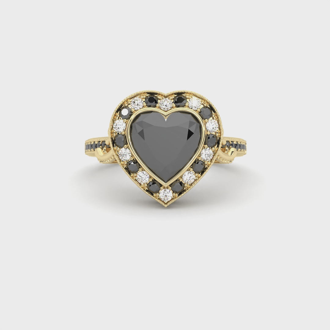 Gothic Heart Ring in 14k yellow gold with black diamond and black accent stones, alternative engagement ring