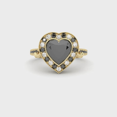 Gothic Heart Ring in 14k yellow gold with black diamond and black accent stones, alternative engagement ring