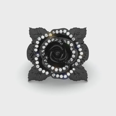 Gothic Rose Ring in black rhodium-plated sterling silver with lab white diamonds, featuring a sculpted black rose and intricate carvings