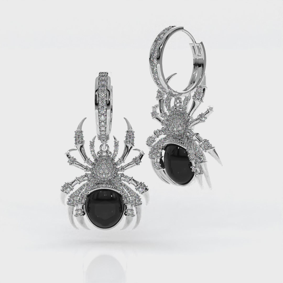 14k white gold spider earrings with black onyx and white diamonds, Arachnid's Allure Earrings