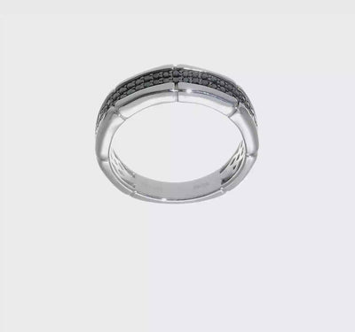 Polished sterling silver men's ring with bone shaped details and two rows of pavé set black diamonds