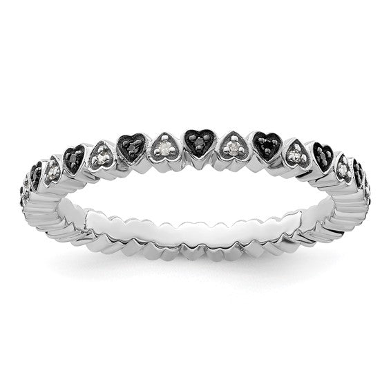 Sterling silver eternity ring with genuine black and white diamonds in heart shaped settings